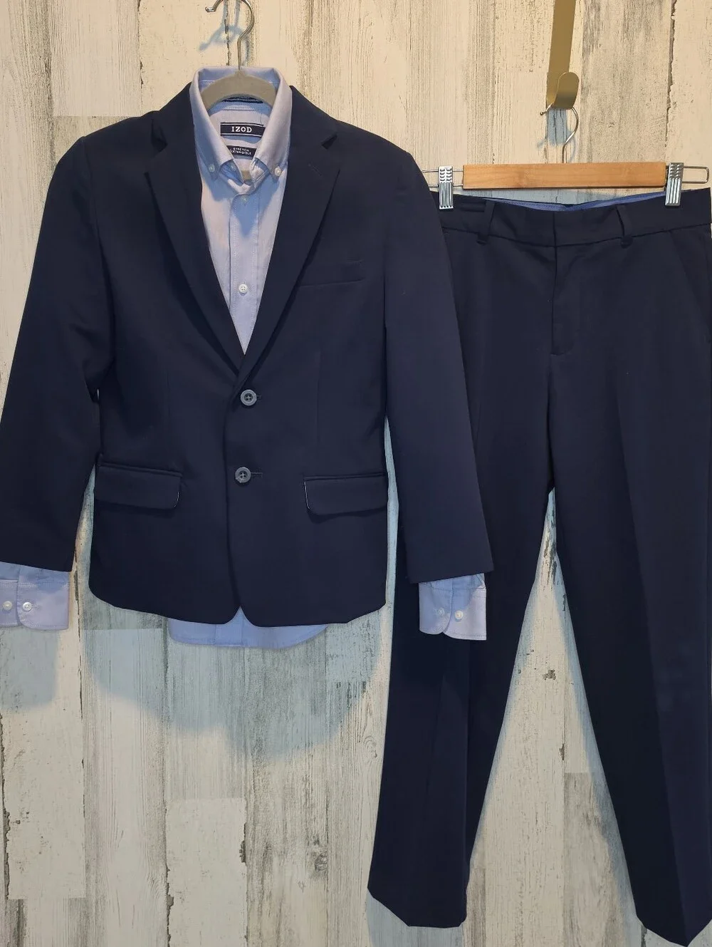IZOD Boys Suit 3 Piece Navy Blazer Pants Blue Dress Shirt Size 10 12 Stretch